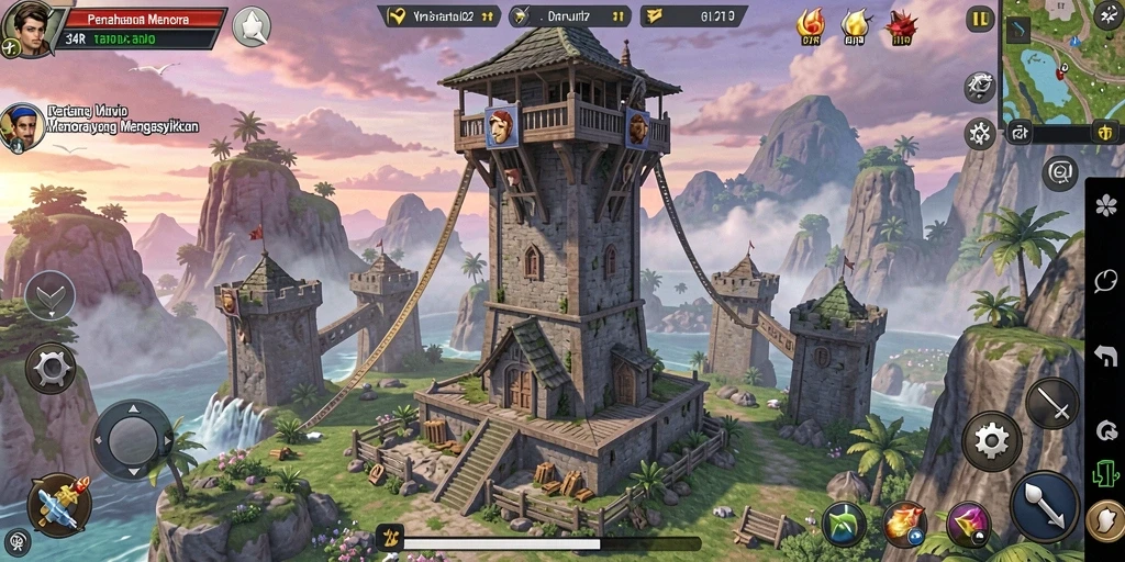 Tampilan gameplay 34R dengan menara bertahan melawan serangan musuh.