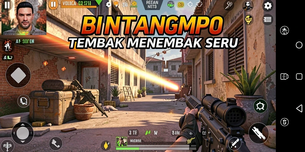 Screenshot utama BINTANGMPO menampilkan aksi tembak menembak yang seru.
