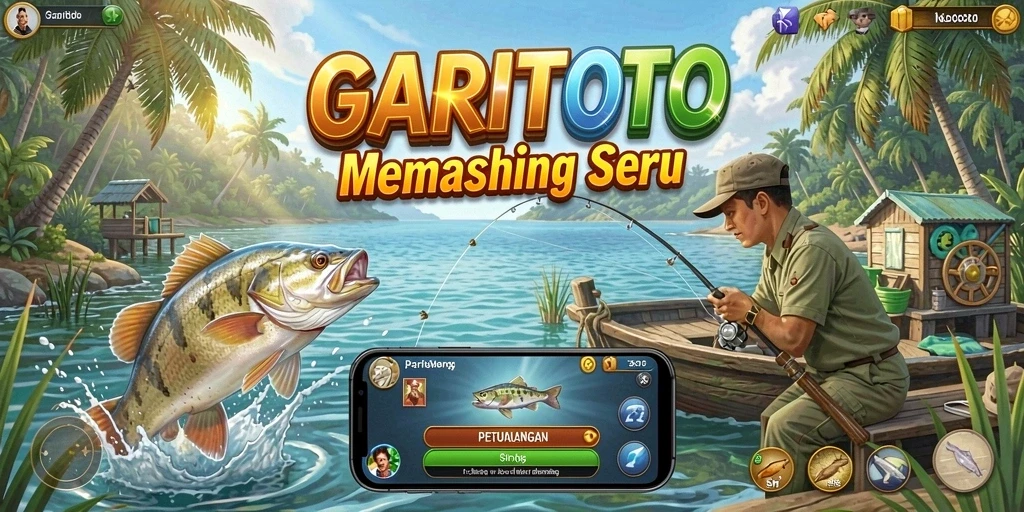Tampilan gameplay GARITOTO yang menarik saat memancing di lokasi indah.