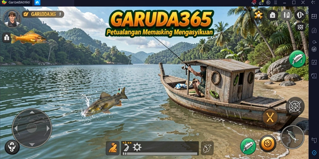 Tampilan gameplay <strong>GARUDA365</strong> saat memancing di danau indah.