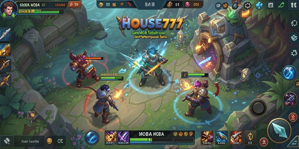 Screenshot gameplay HOUSE777 menunjukkan pertempuran epik antar karakter di arena.