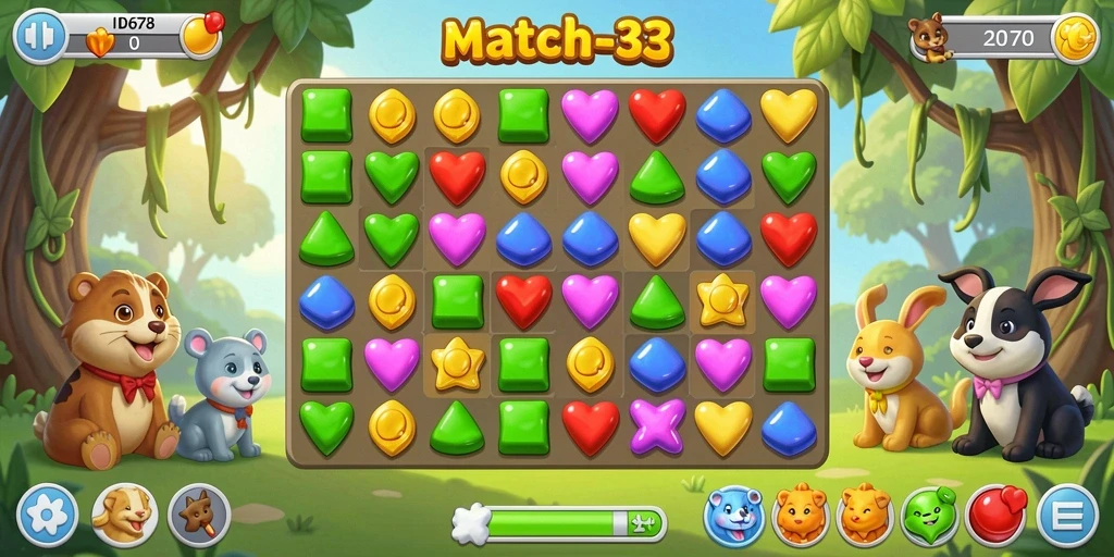 Tampilan gameplay Match-3 yang seru dan penuh warna di ID678.