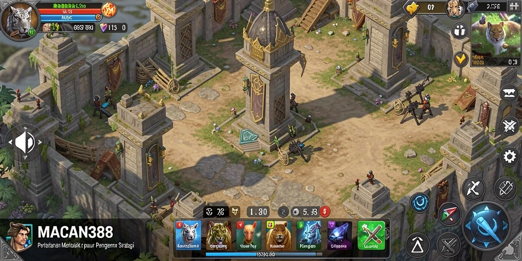 Screenshot gameplay <strong>MACAN388</strong> menampilkan serangan menara pertahanan yang spektakuler.