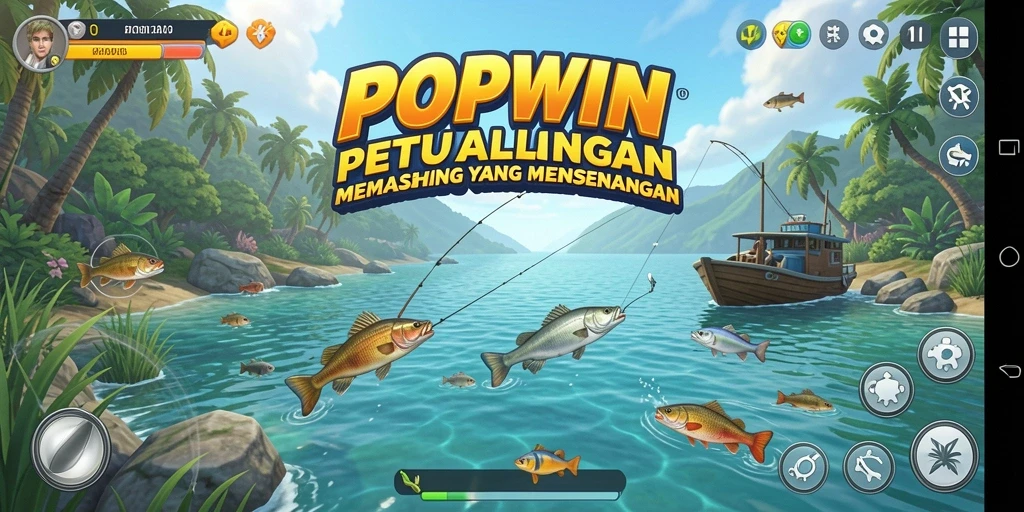 Screenshot gameplay <strong>POPWIN</strong> menampilkan keseruan memancing dengan berbagai jenis ikan.