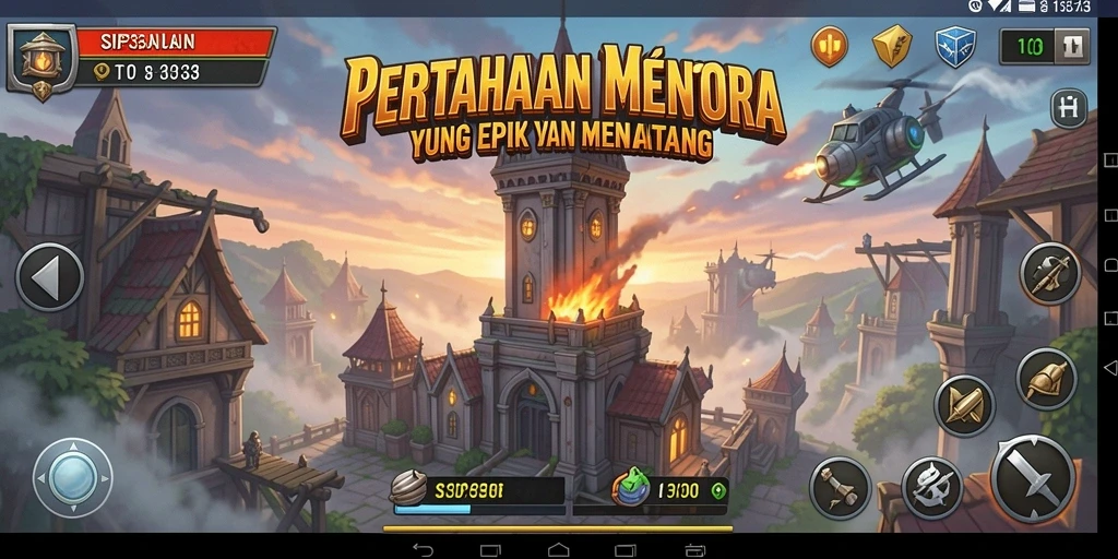 Tampilkan screenshot SIP33 yang menggambarkan aksi Tower Defense yang seru.