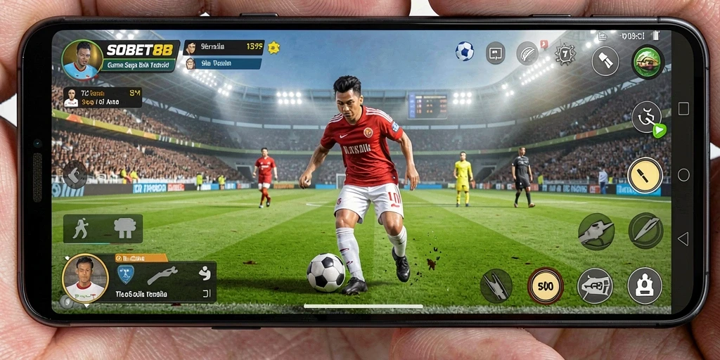 Screenshot permainan SOBET88 menampilkan aksi pertandingan sepak bola yang seru.