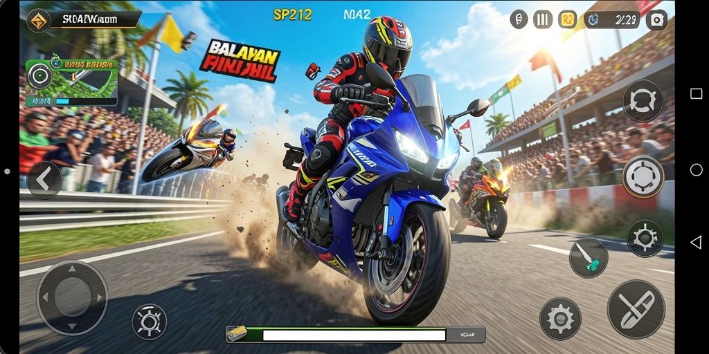 Screenshot menunjukkan aksi balapan motor yang seru dan mendebarkan.