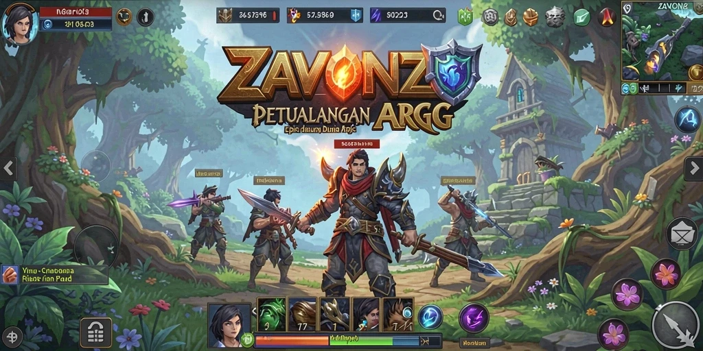 Screenshot gameplay ZAVONZO yang menggambarkan aksi pertempuran ARPG yang epik.